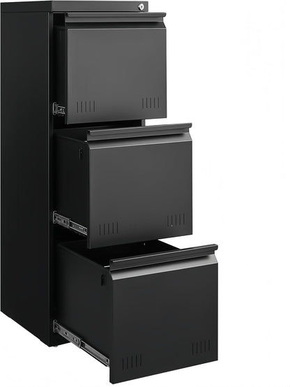 3 Drawer File Cabinet for Home Office, Under Desk Mobile Filing Cabinet with Lock for A4-Size/Letter-Size/Legal-Size, Black (HSEJ-3D)