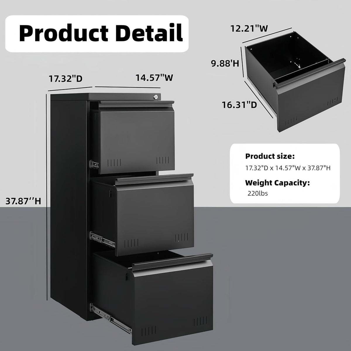 3 Drawer File Cabinet for Home Office, Under Desk Mobile Filing Cabinet with Lock for A4-Size/Letter-Size/Legal-Size, Black (HSEJ-3D)