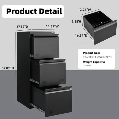 3 Drawer File Cabinet for Home Office, Under Desk Mobile Filing Cabinet with Lock for A4-Size/Letter-Size/Legal-Size, Black (HSEJ-3D)