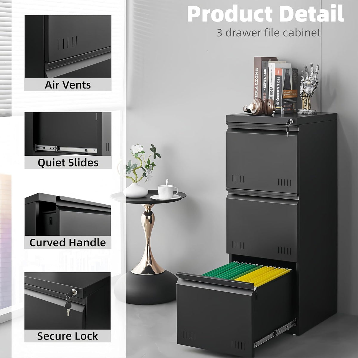 3 Drawer File Cabinet for Home Office, Under Desk Mobile Filing Cabinet with Lock for A4-Size/Letter-Size/Legal-Size, Black (HSEJ-3D)