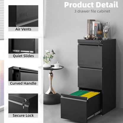 3 Drawer File Cabinet for Home Office, Under Desk Mobile Filing Cabinet with Lock for A4-Size/Letter-Size/Legal-Size, Black (HSEJ-3D)