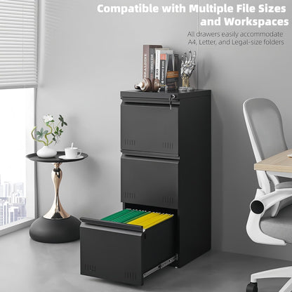 3 Drawer File Cabinet for Home Office, Under Desk Mobile Filing Cabinet with Lock for A4-Size/Letter-Size/Legal-Size, Black (HSEJ-3D)