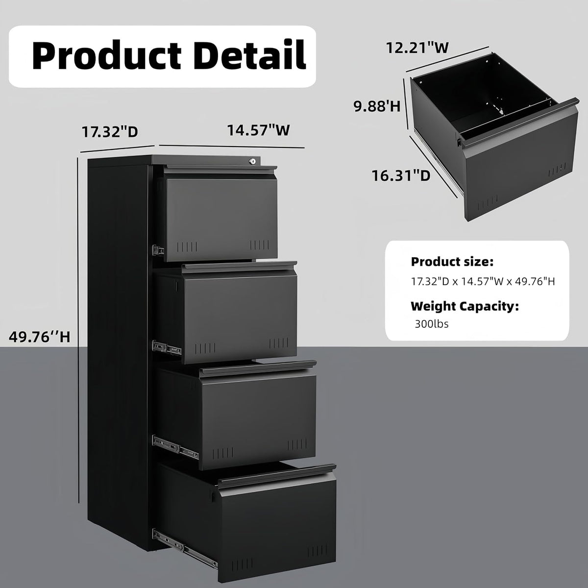 3 Drawer File Cabinet for Home Office, Under Desk Mobile Filing Cabinet with Lock for A4-Size/Letter-Size/Legal-Size, Black (HSEJ-3D)