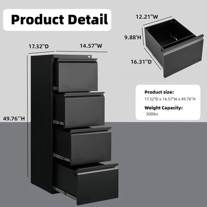 3 Drawer File Cabinet for Home Office, Under Desk Mobile Filing Cabinet with Lock for A4-Size/Letter-Size/Legal-Size, Black (HSEJ-3D)