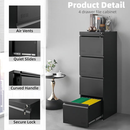 3 Drawer File Cabinet for Home Office, Under Desk Mobile Filing Cabinet with Lock for A4-Size/Letter-Size/Legal-Size, Black (HSEJ-3D)