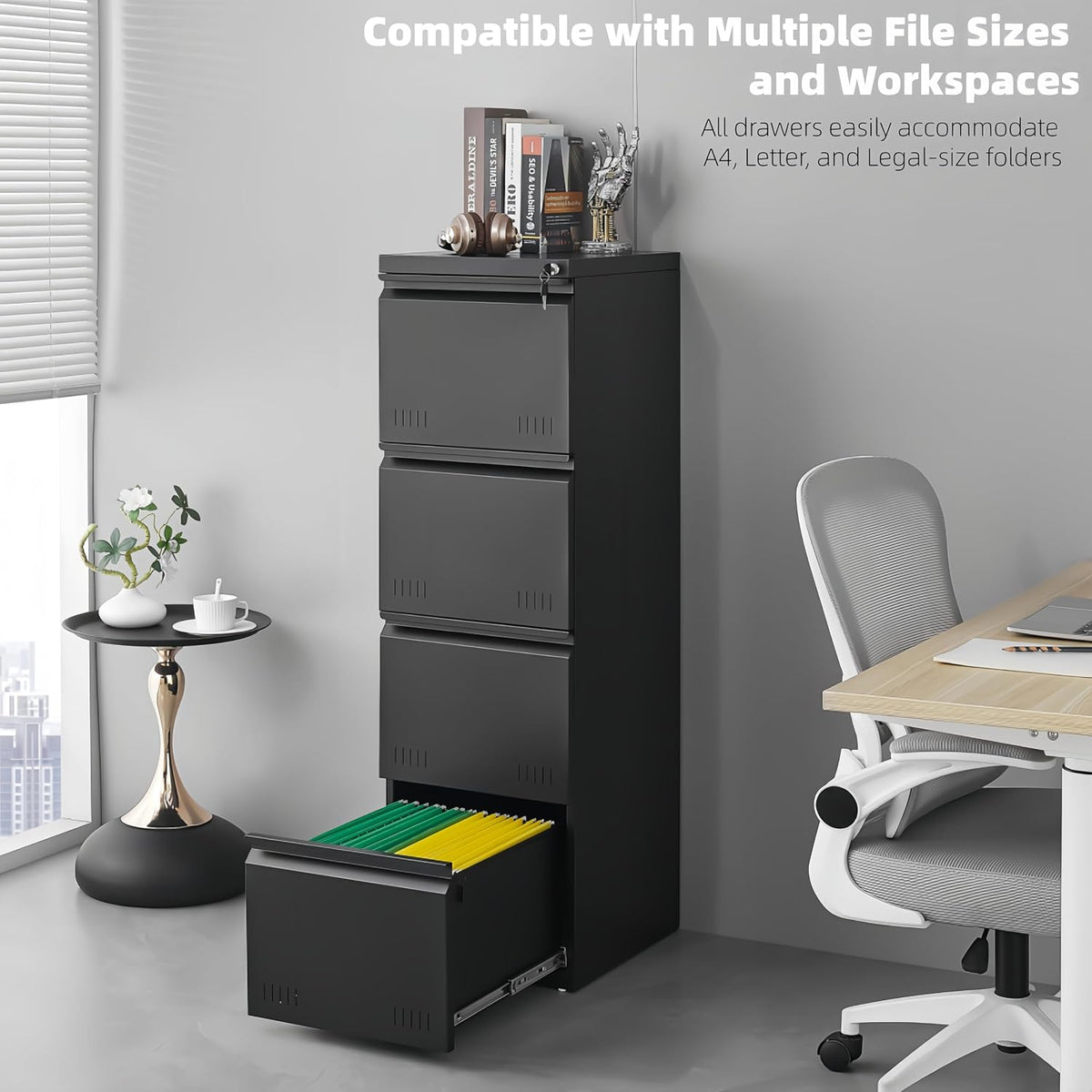 3 Drawer File Cabinet for Home Office, Under Desk Mobile Filing Cabinet with Lock for A4-Size/Letter-Size/Legal-Size, Black (HSEJ-3D)