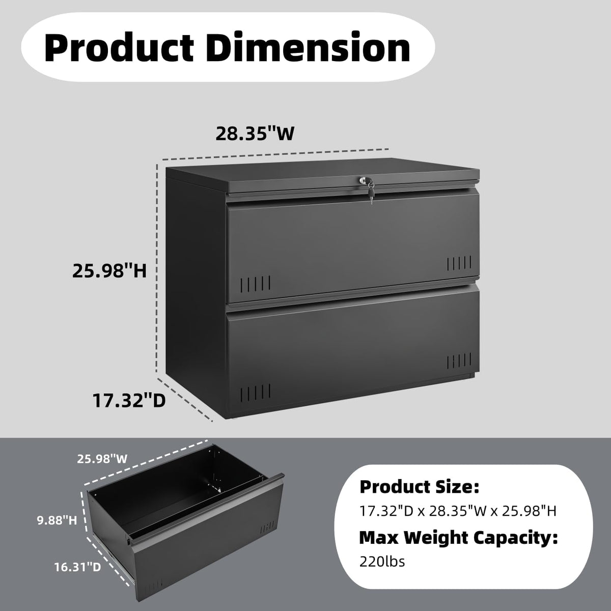 3 Drawer File Cabinet for Home Office, Under Desk Mobile Filing Cabinet with Lock for A4-Size/Letter-Size/Legal-Size, Black (HSEJ-3D)