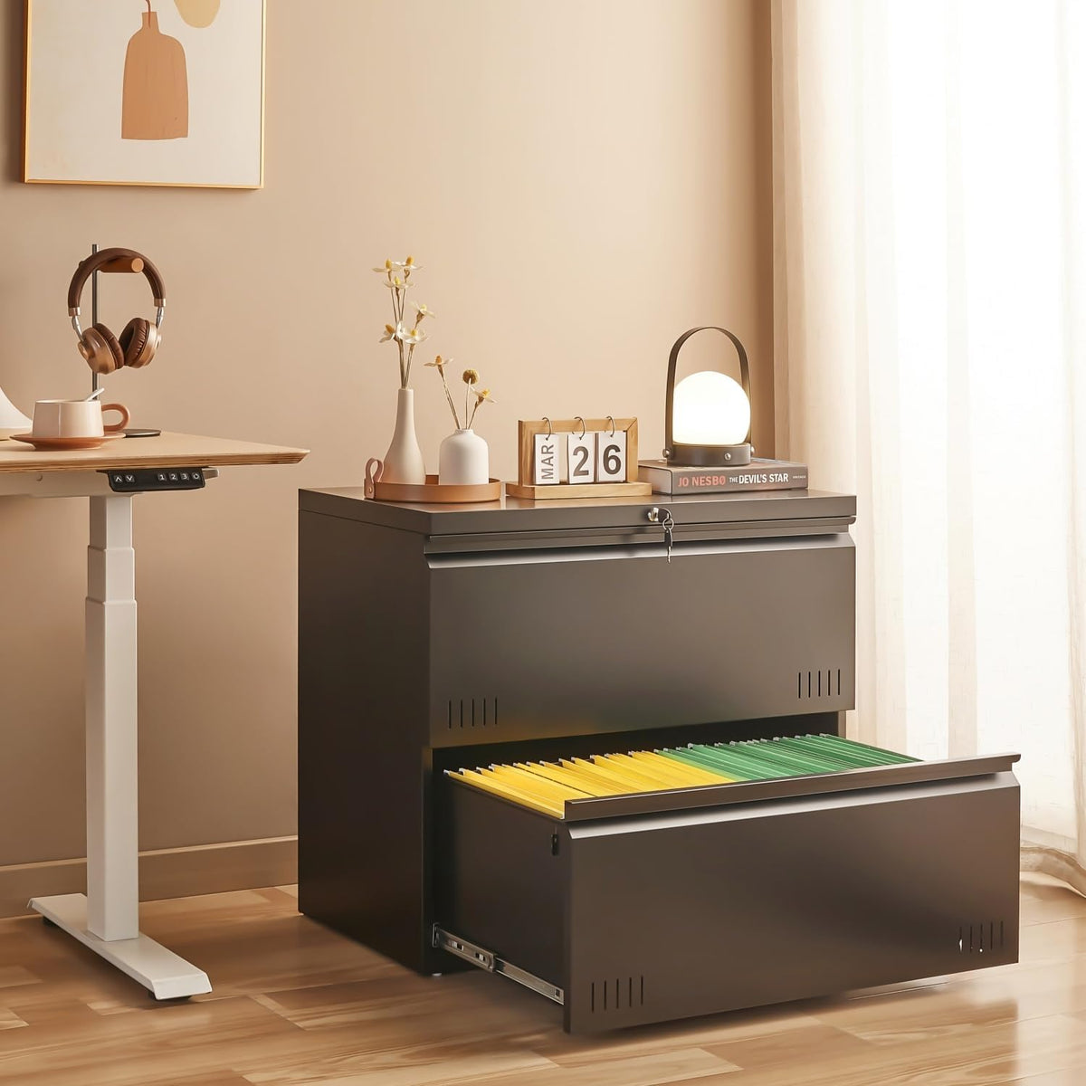 3 Drawer File Cabinet for Home Office, Under Desk Mobile Filing Cabinet with Lock for A4-Size/Letter-Size/Legal-Size, Black (HSEJ-3D)