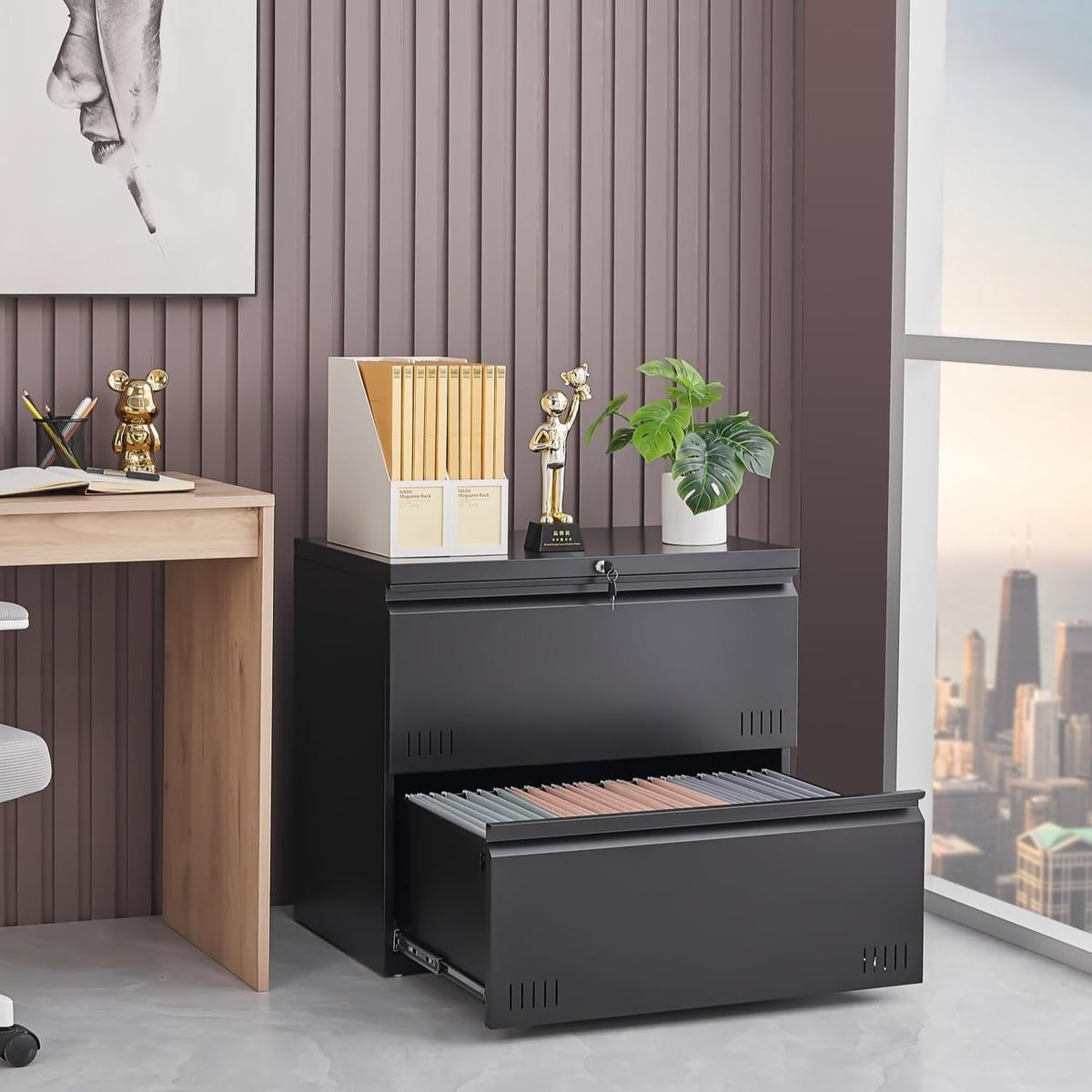 3 Drawer File Cabinet for Home Office, Under Desk Mobile Filing Cabinet with Lock for A4-Size/Letter-Size/Legal-Size, Black (HSEJ-3D)