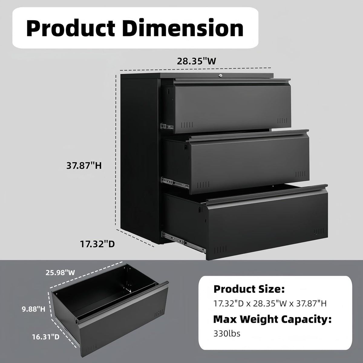 3 Drawer File Cabinet for Home Office, Under Desk Mobile Filing Cabinet with Lock for A4-Size/Letter-Size/Legal-Size, Black (HSEJ-3D)