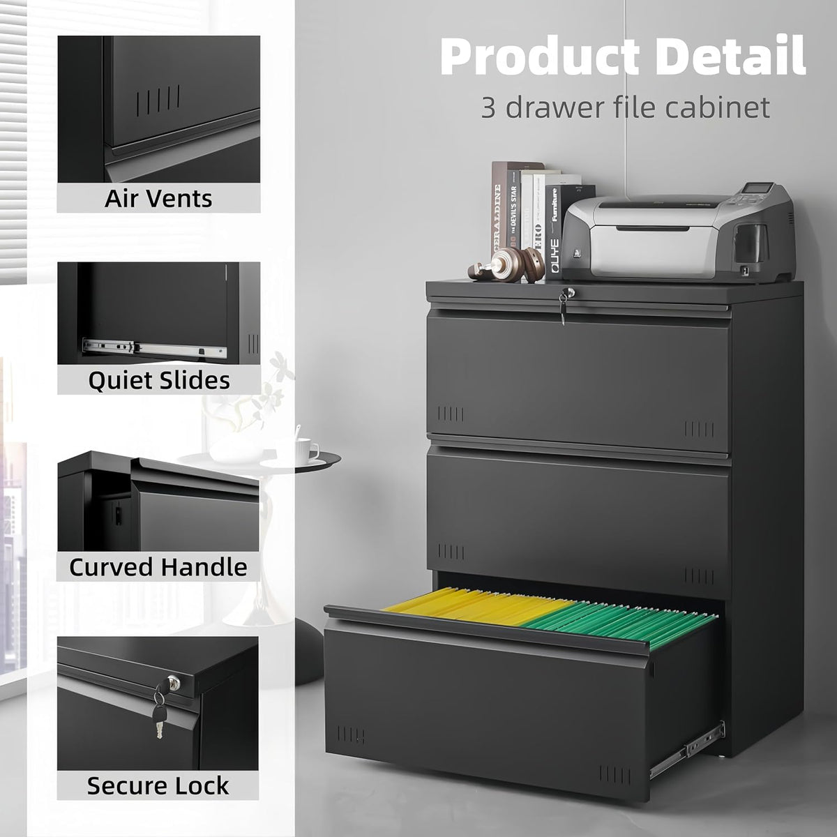 3 Drawer File Cabinet for Home Office, Under Desk Mobile Filing Cabinet with Lock for A4-Size/Letter-Size/Legal-Size, Black (HSEJ-3D)