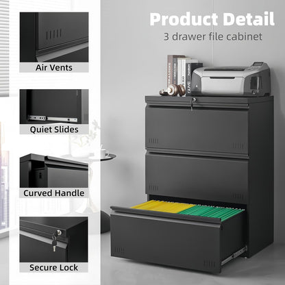 3 Drawer File Cabinet for Home Office, Under Desk Mobile Filing Cabinet with Lock for A4-Size/Letter-Size/Legal-Size, Black (HSEJ-3D)
