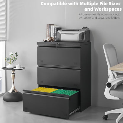 3 Drawer File Cabinet for Home Office, Under Desk Mobile Filing Cabinet with Lock for A4-Size/Letter-Size/Legal-Size, Black (HSEJ-3D)