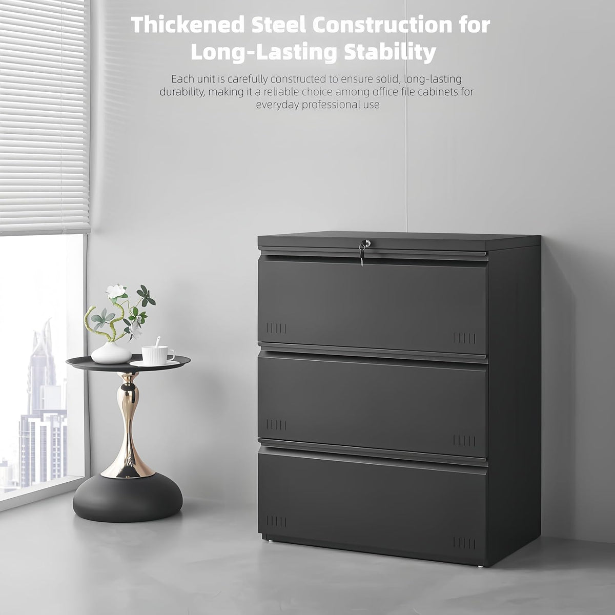 3 Drawer File Cabinet for Home Office, Under Desk Mobile Filing Cabinet with Lock for A4-Size/Letter-Size/Legal-Size, Black (HSEJ-3D)