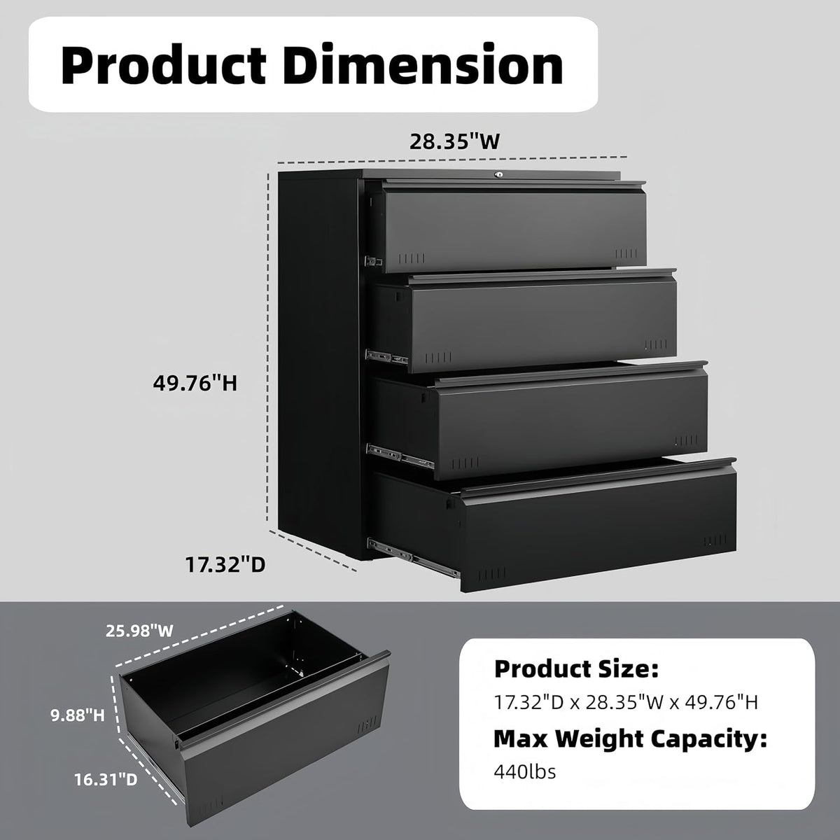 3 Drawer File Cabinet for Home Office, Under Desk Mobile Filing Cabinet with Lock for A4-Size/Letter-Size/Legal-Size, Black (HSEJ-3D)