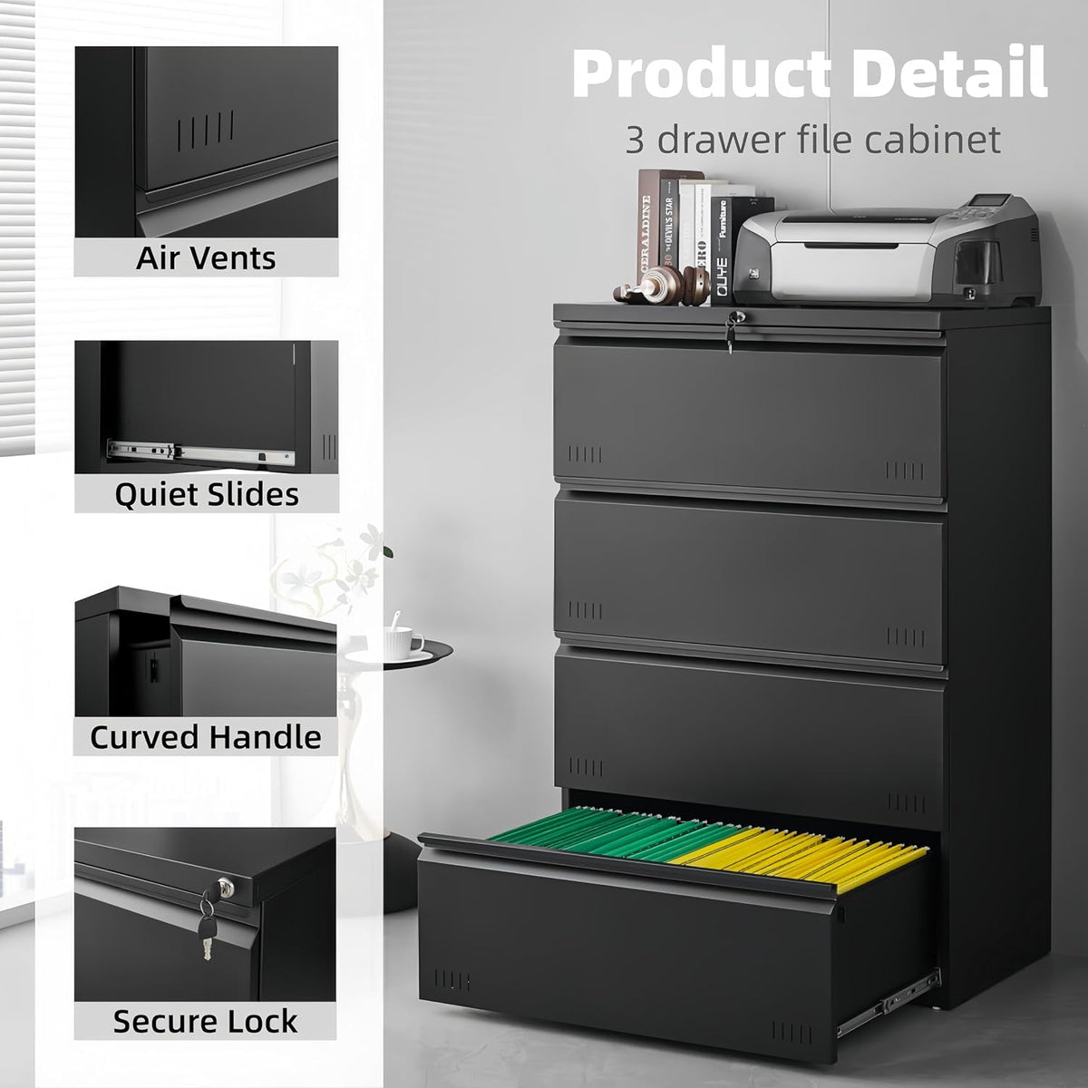3 Drawer File Cabinet for Home Office, Under Desk Mobile Filing Cabinet with Lock for A4-Size/Letter-Size/Legal-Size, Black (HSEJ-3D)