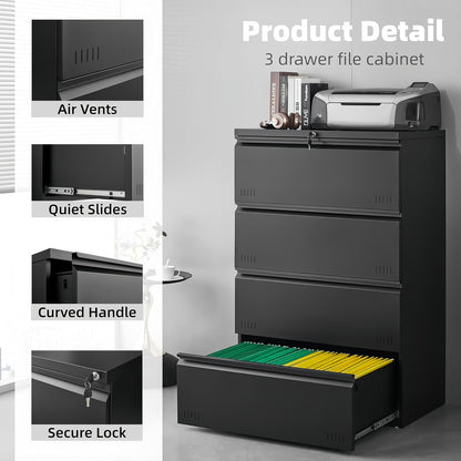 3 Drawer File Cabinet for Home Office, Under Desk Mobile Filing Cabinet with Lock for A4-Size/Letter-Size/Legal-Size, Black (HSEJ-3D)