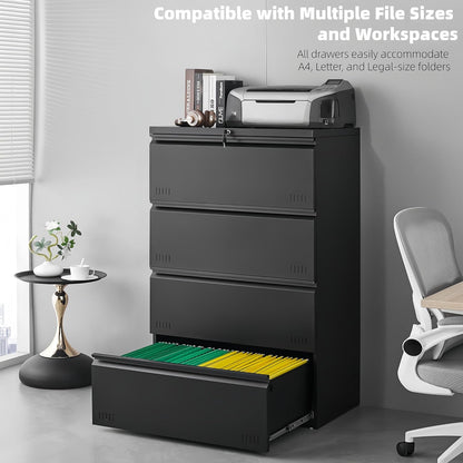 3 Drawer File Cabinet for Home Office, Under Desk Mobile Filing Cabinet with Lock for A4-Size/Letter-Size/Legal-Size, Black (HSEJ-3D)