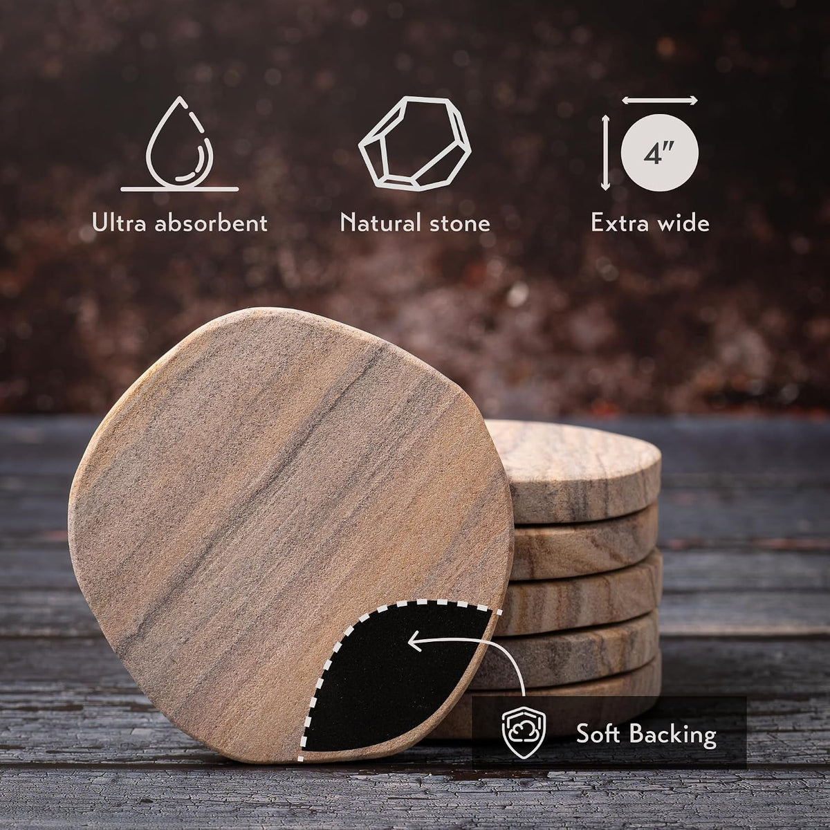 Absorbent Sandstone Coasters for Drinks, Set of 6
