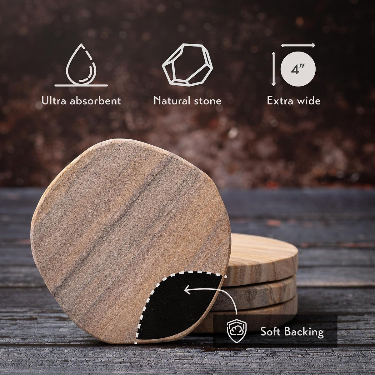 Absorbent Sandstone Coasters for Drinks, Set of 6