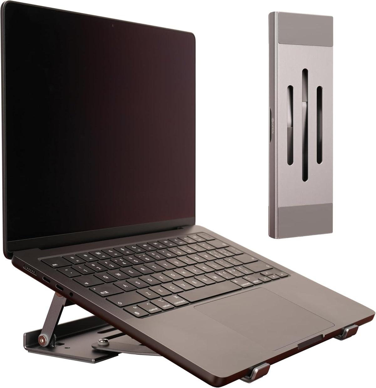 Aluminum Fold & Laptop Riser Stand 3-in-1 Adjustable, Foldable Cooling Stand with Integrated Storage Box, Ruler and Ultra-Slim Portable Design for MacBook, Tablet, Ipad, Keyboard and All Laptop
