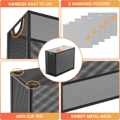 Hanging File Organizer Includes 5 Hanging Folders for Office, Black