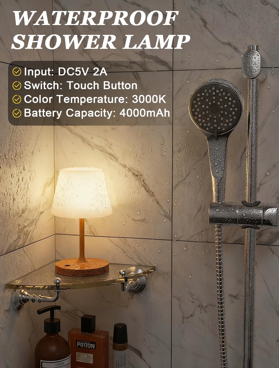 Shower Lamp IP54 Waterproof, Cordless Rechargeable Table Lamp, Outdoor Use