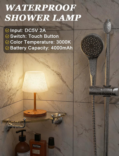 Shower Lamp IP54 Waterproof, Cordless Rechargeable Table Lamp, Outdoor Use