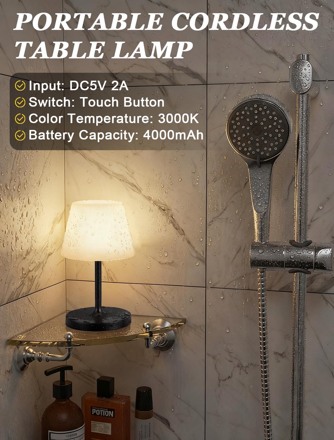 Shower Lamp IP54 Waterproof, Cordless Rechargeable Table Lamp, Outdoor Use