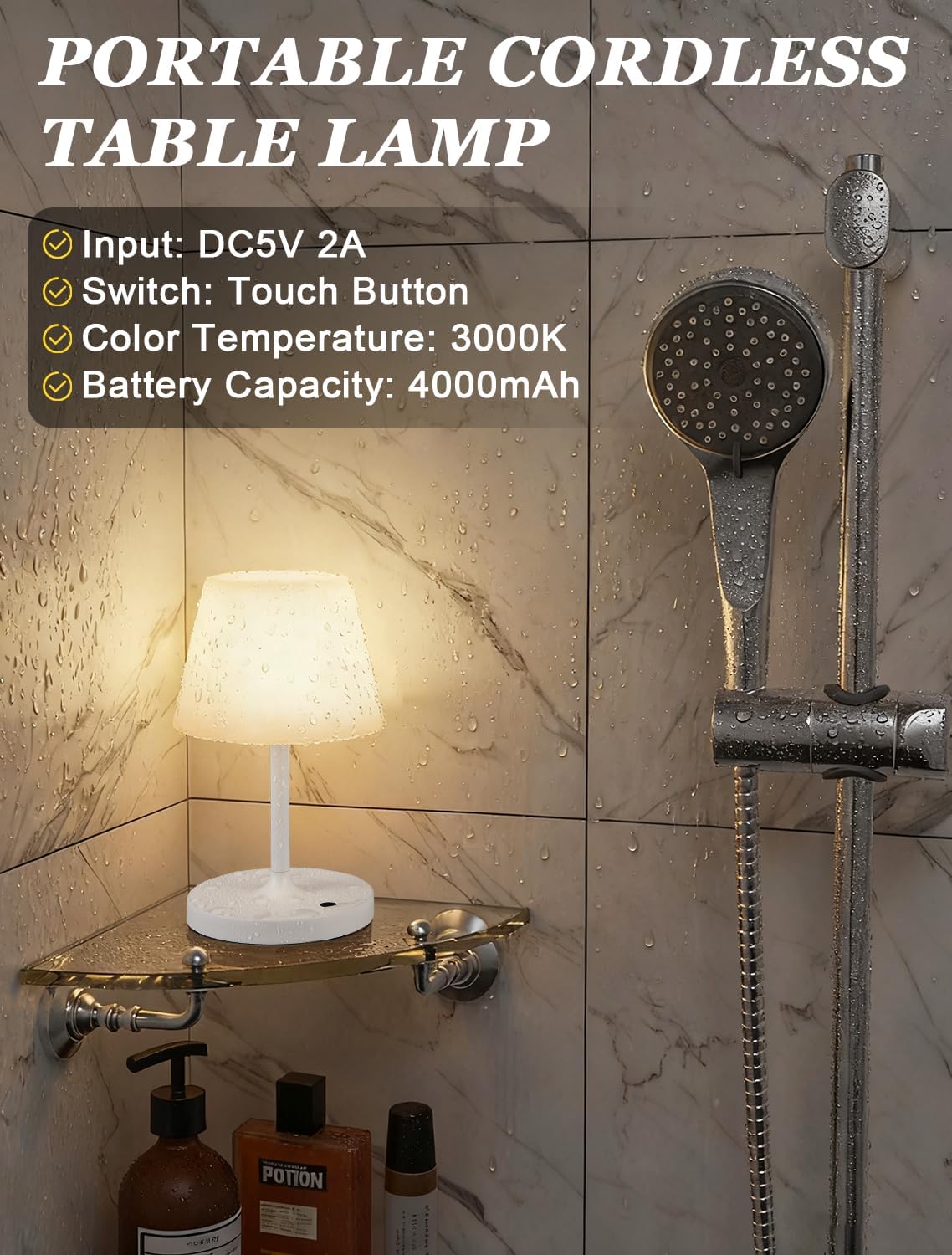 Shower Lamp IP54 Waterproof, Cordless Rechargeable Table Lamp, Outdoor Use