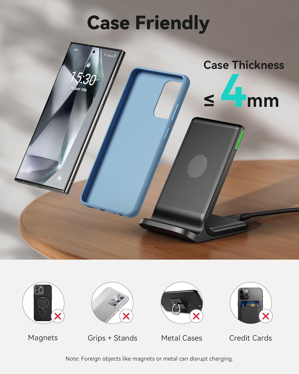 Wireless Charger, 15W Fast Wireless Charging Phone Station with LED