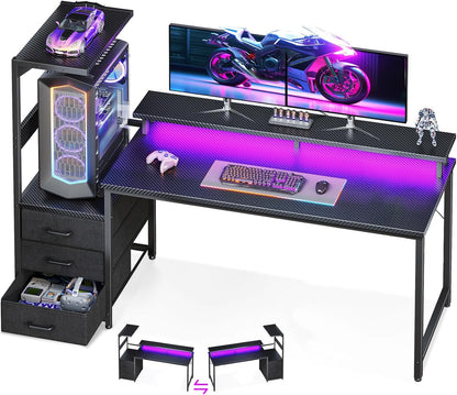 Gaming Desk w/PC Showcase Stand, 59" Reversible, RGB LED