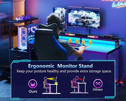 Gaming Desk w/PC Showcase Stand, 59" Reversible, RGB LED