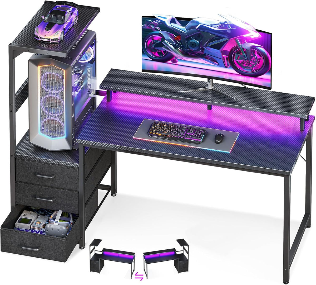 Gaming Desk w/PC Showcase Stand, 59" Reversible, RGB LED
