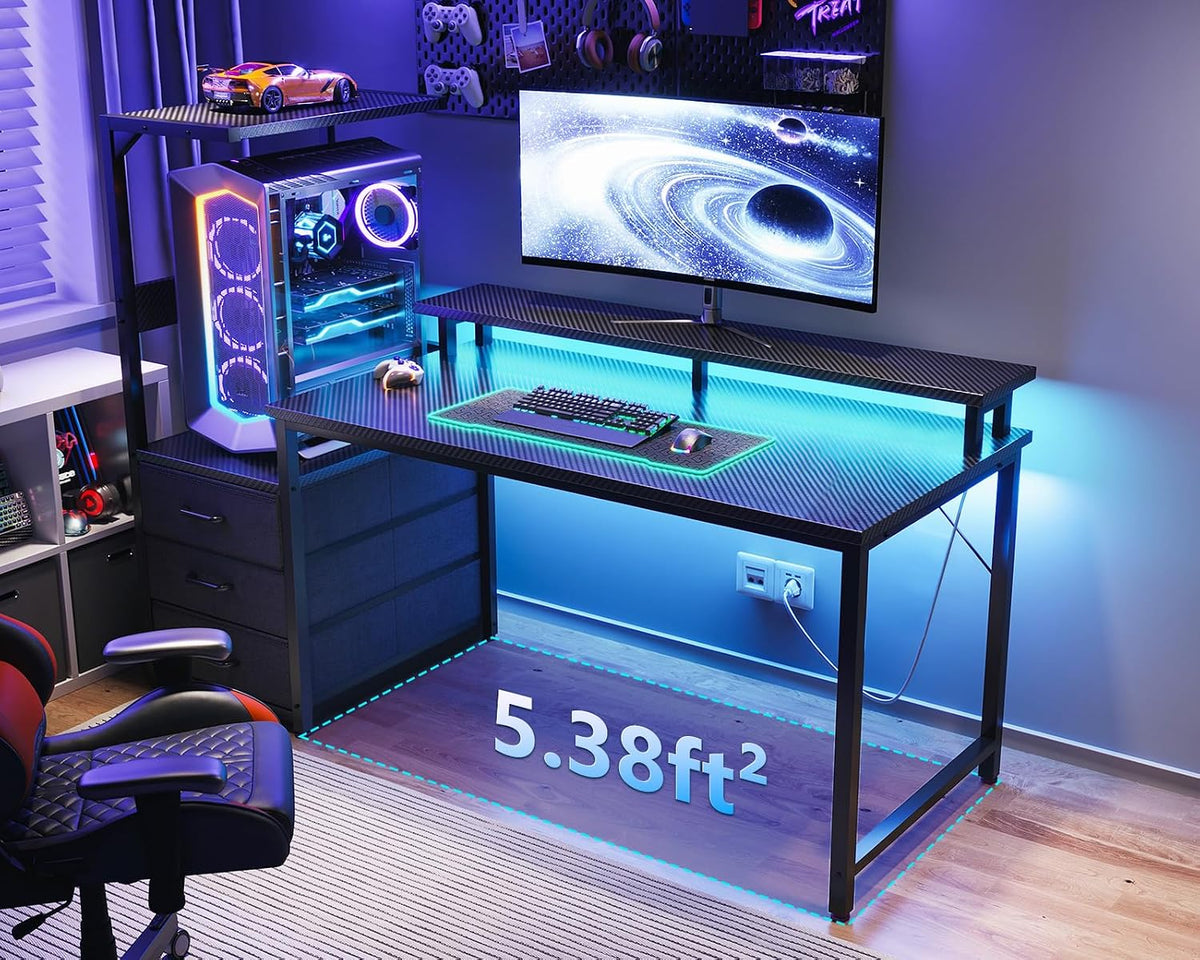 Gaming Desk w/PC Showcase Stand, 59" Reversible, RGB LED