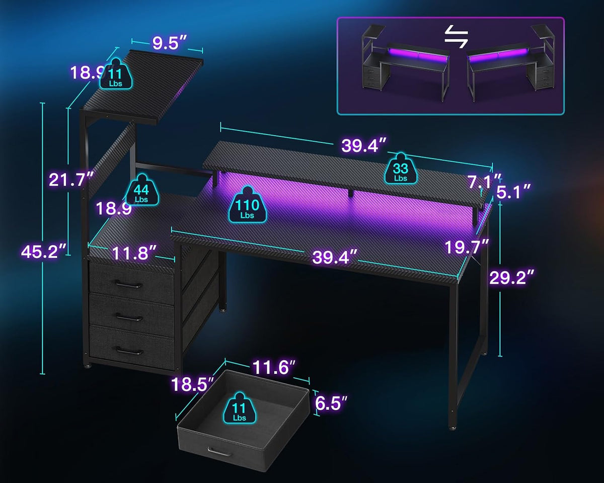 Gaming Desk w/PC Showcase Stand, 59" Reversible, RGB LED