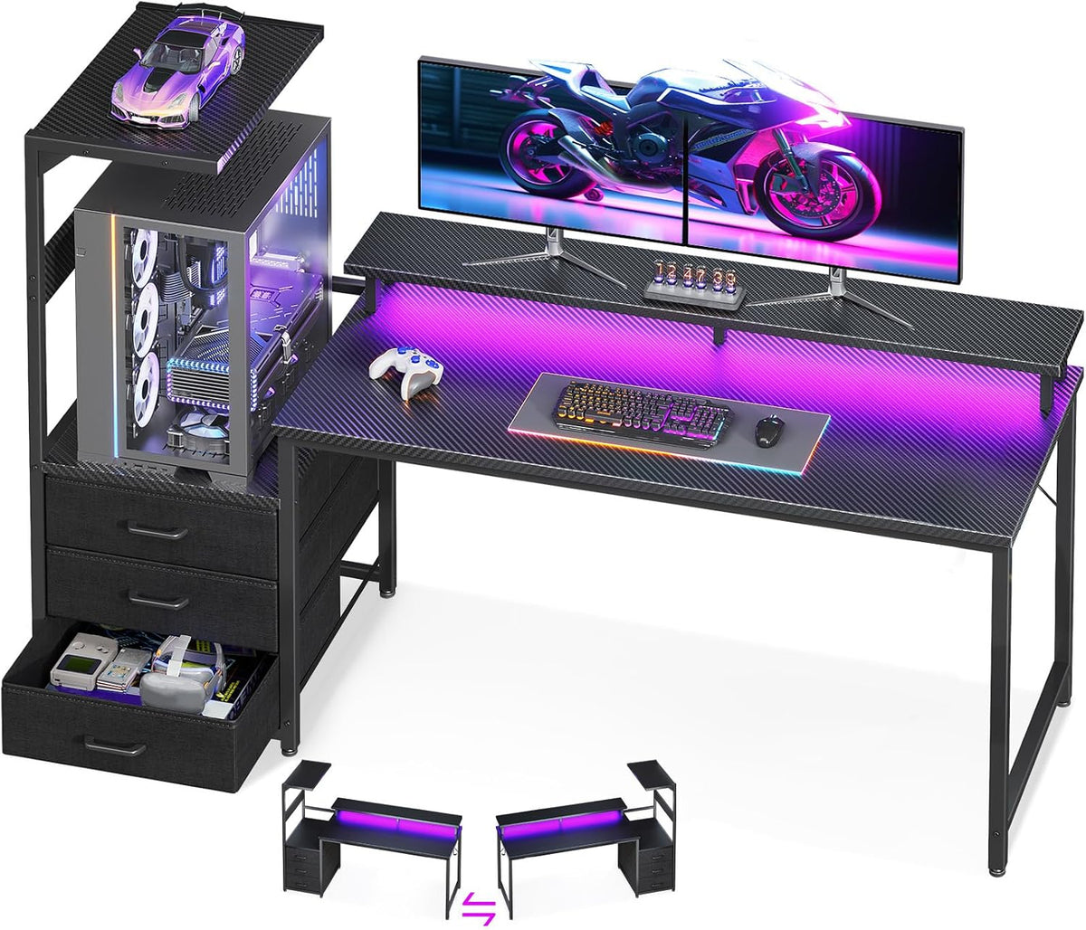 Gaming Desk w/PC Showcase Stand, 59" Reversible, RGB LED