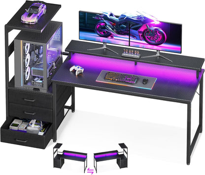 Gaming Desk w/PC Showcase Stand, 59" Reversible, RGB LED