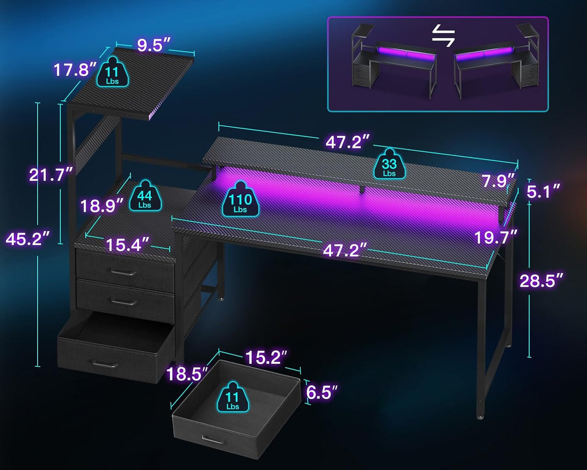 Gaming Desk w/PC Showcase Stand, 59" Reversible, RGB LED