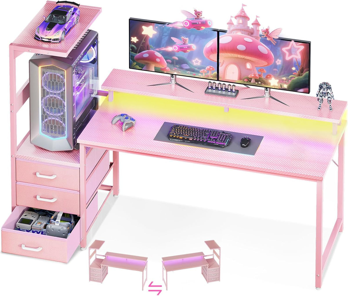 Gaming Desk w/PC Showcase Stand, 59" Reversible, RGB LED