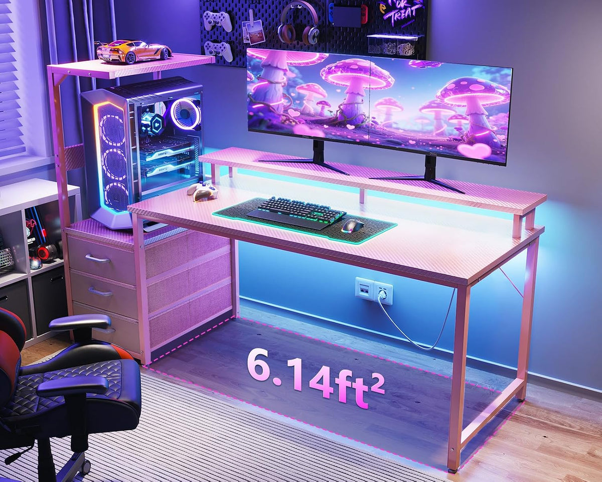 Gaming Desk w/PC Showcase Stand, 59" Reversible, RGB LED