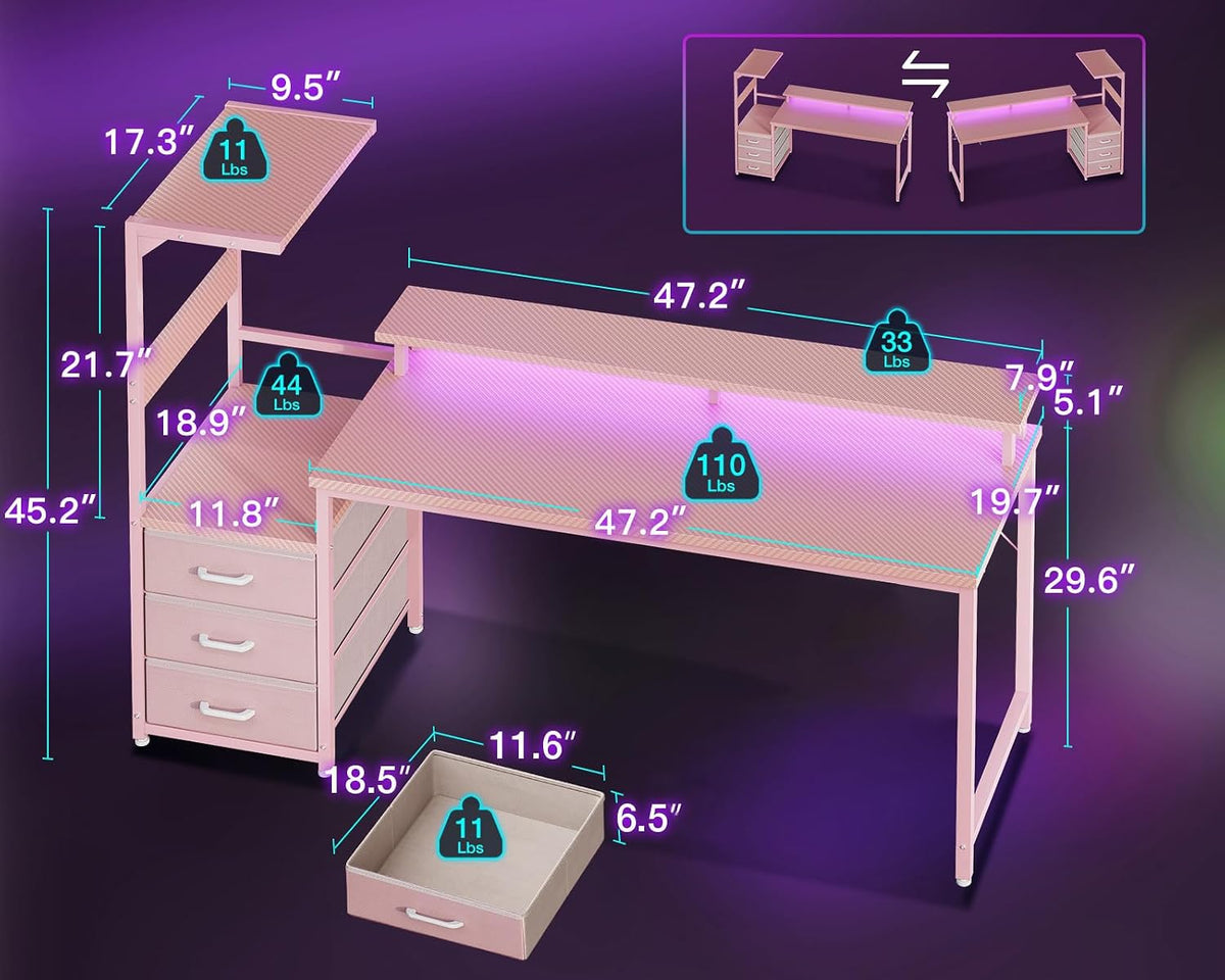 Gaming Desk w/PC Showcase Stand, 59" Reversible, RGB LED