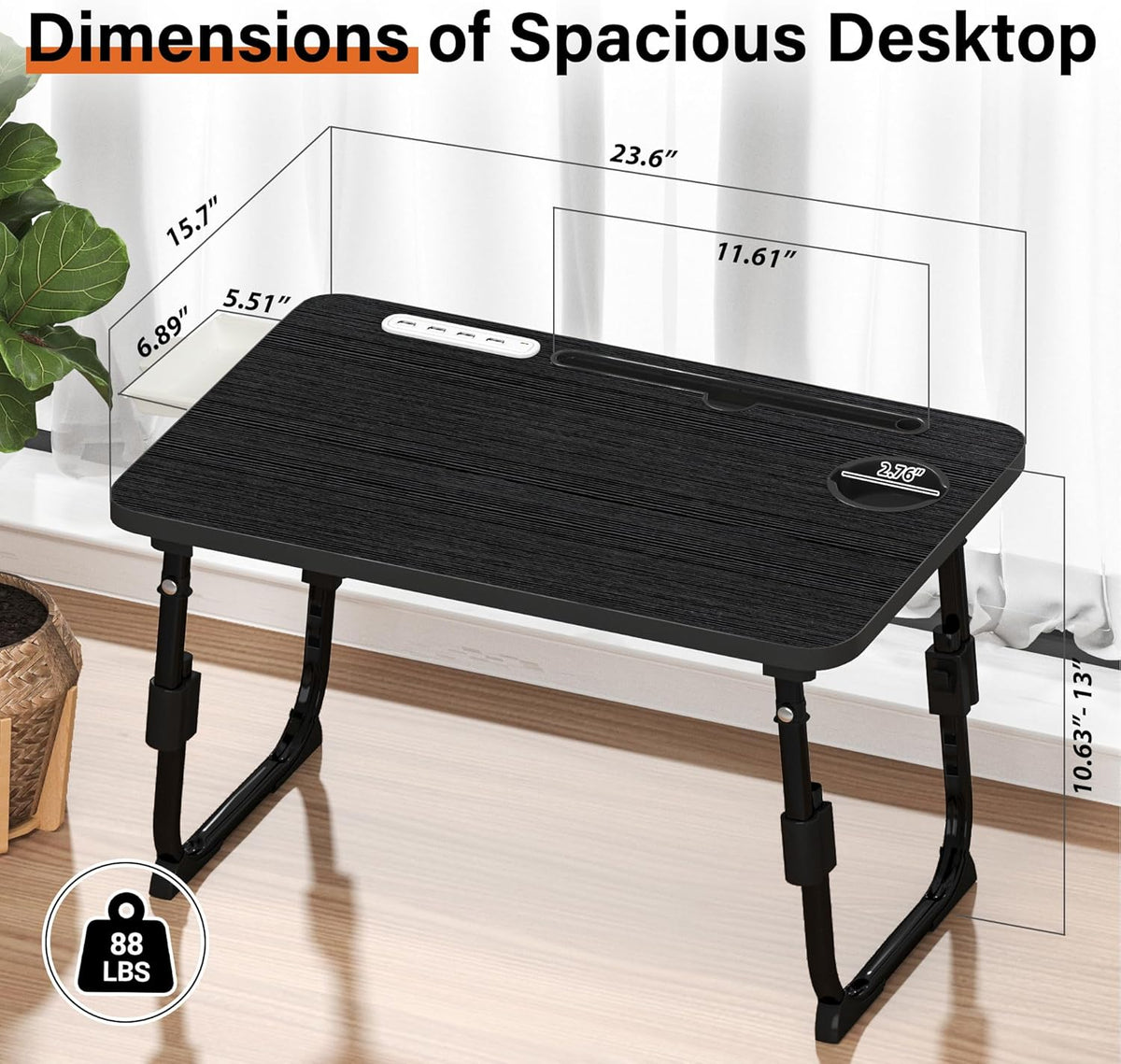 Lap Desk for Bed Adjustable Height with USB Port 23.6" x15.7" Desktop