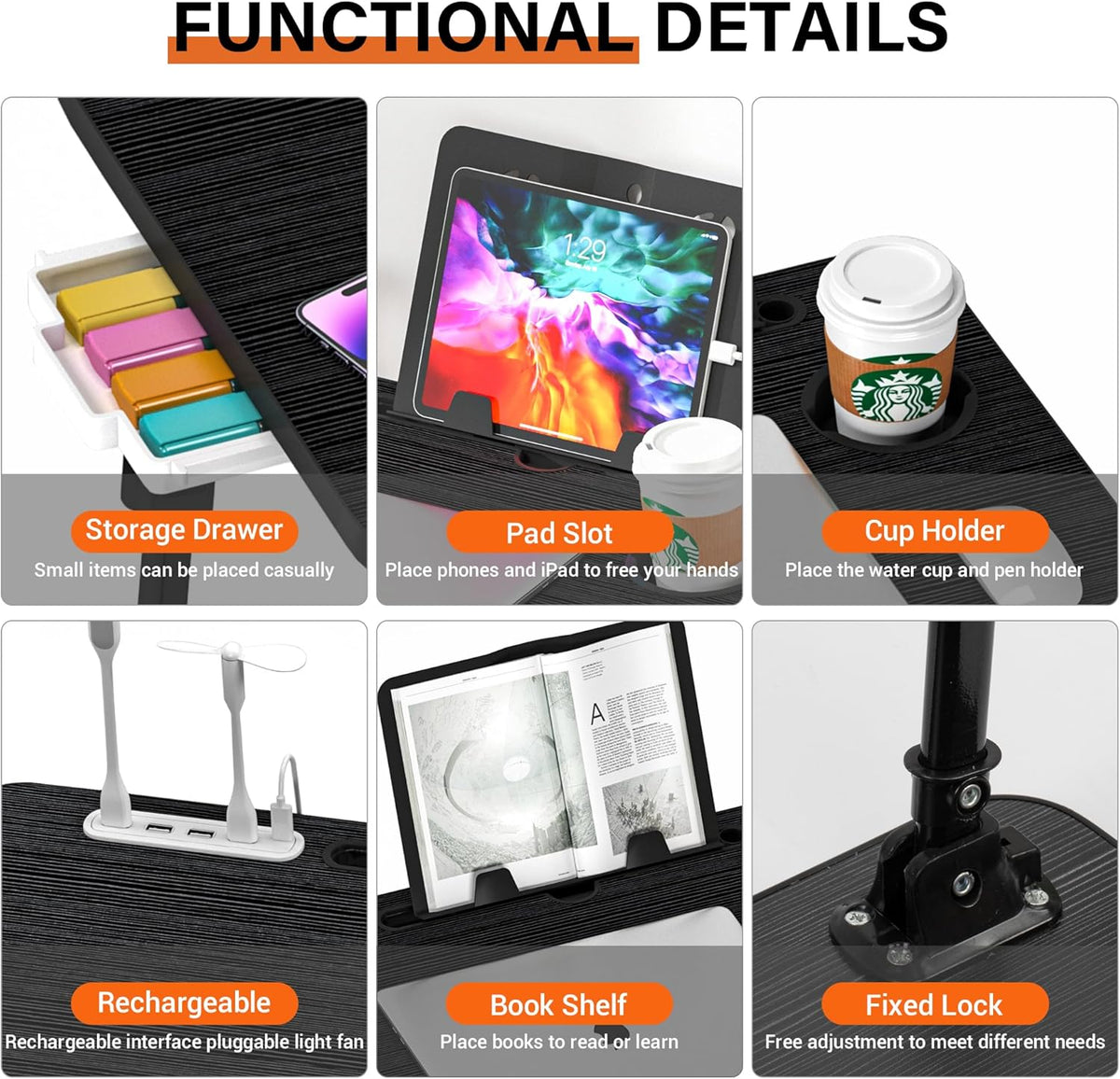 Lap Desk for Bed Adjustable Height with USB Port 23.6" x15.7" Desktop