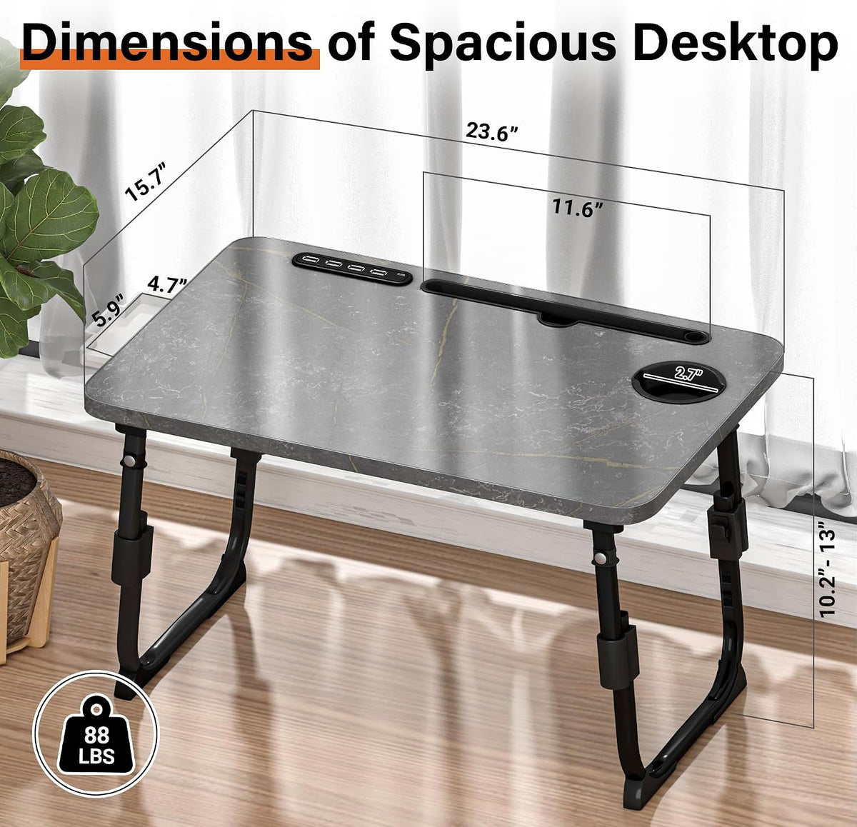 Lap Desk for Bed Adjustable Height with USB Port 23.6" x15.7" Desktop