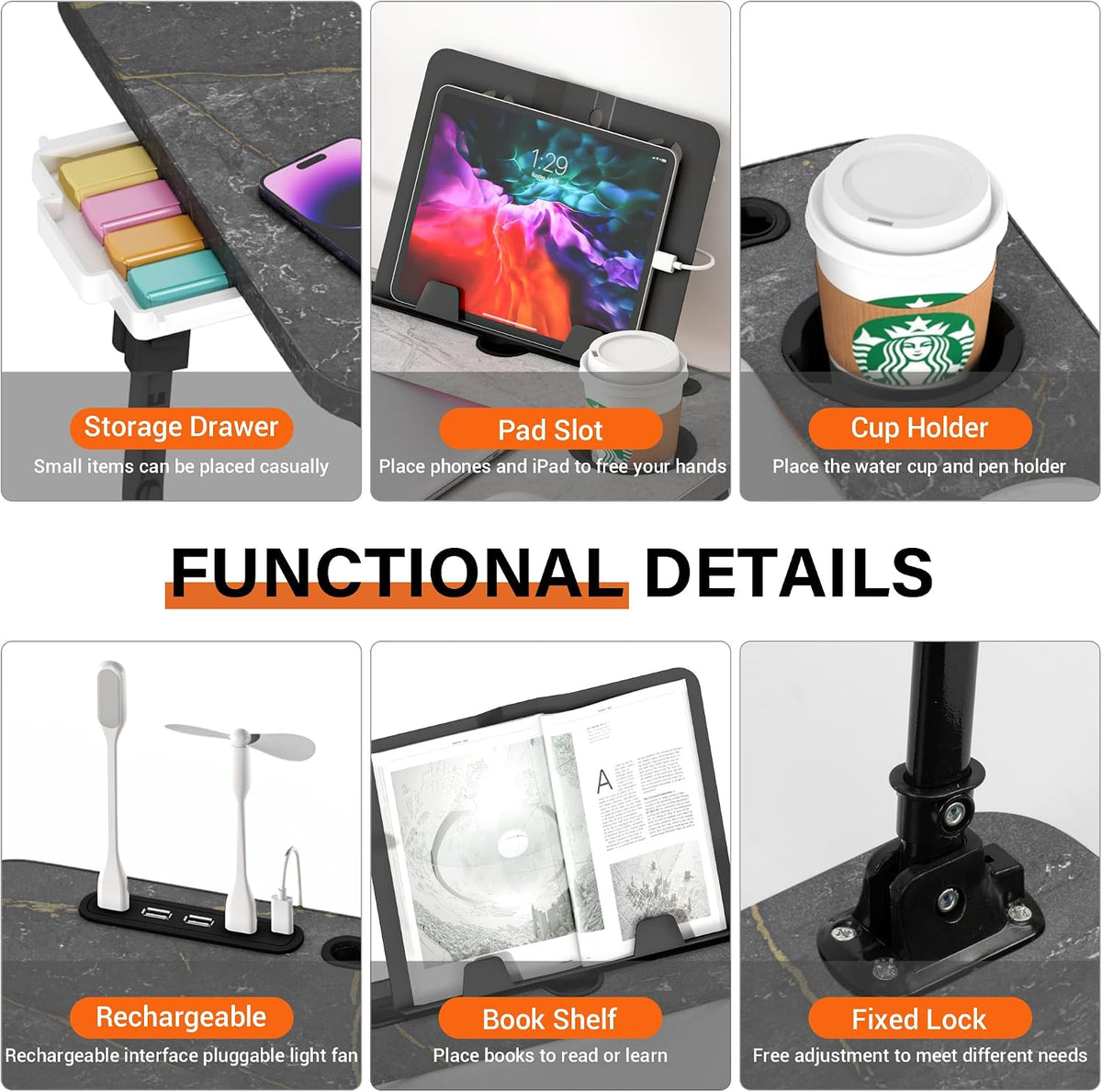 Lap Desk for Bed Adjustable Height with USB Port 23.6" x15.7" Desktop