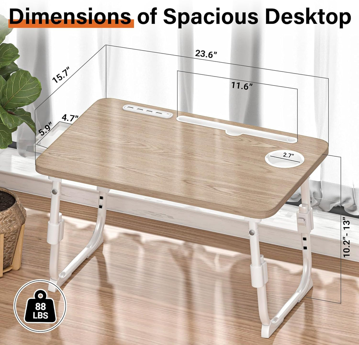 Lap Desk for Bed Adjustable Height with USB Port 23.6" x15.7" Desktop