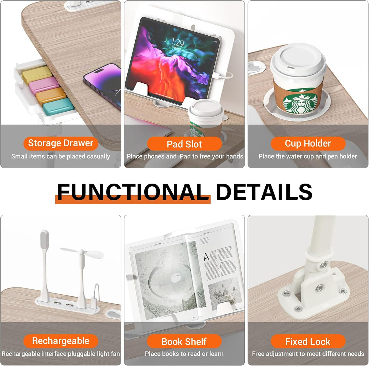 Lap Desk for Bed Adjustable Height with USB Port 23.6" x15.7" Desktop