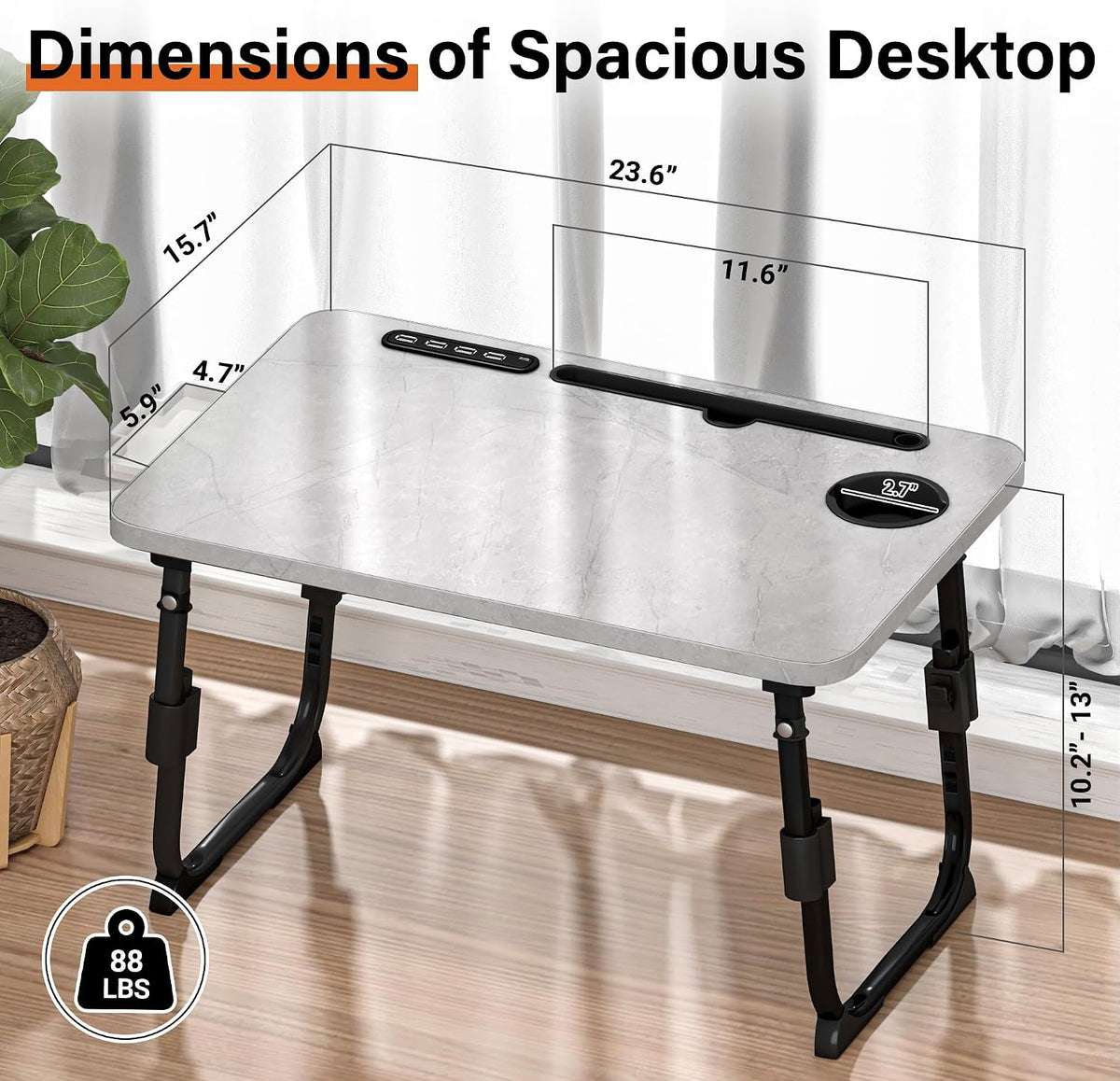 Lap Desk for Bed Adjustable Height with USB Port 23.6" x15.7" Desktop