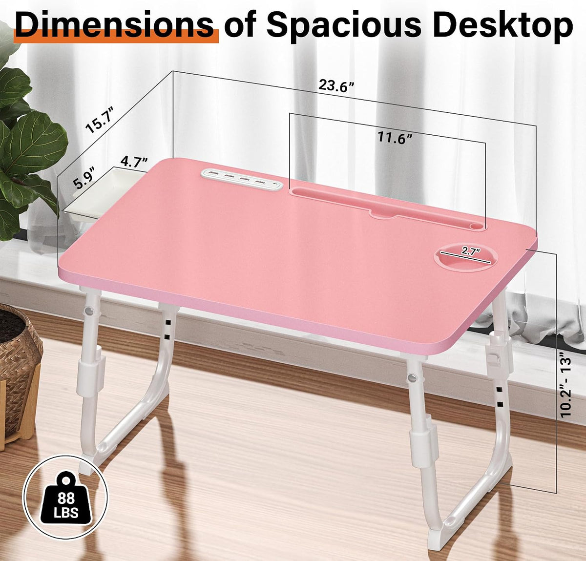 Lap Desk for Bed Adjustable Height with USB Port 23.6" x15.7" Desktop